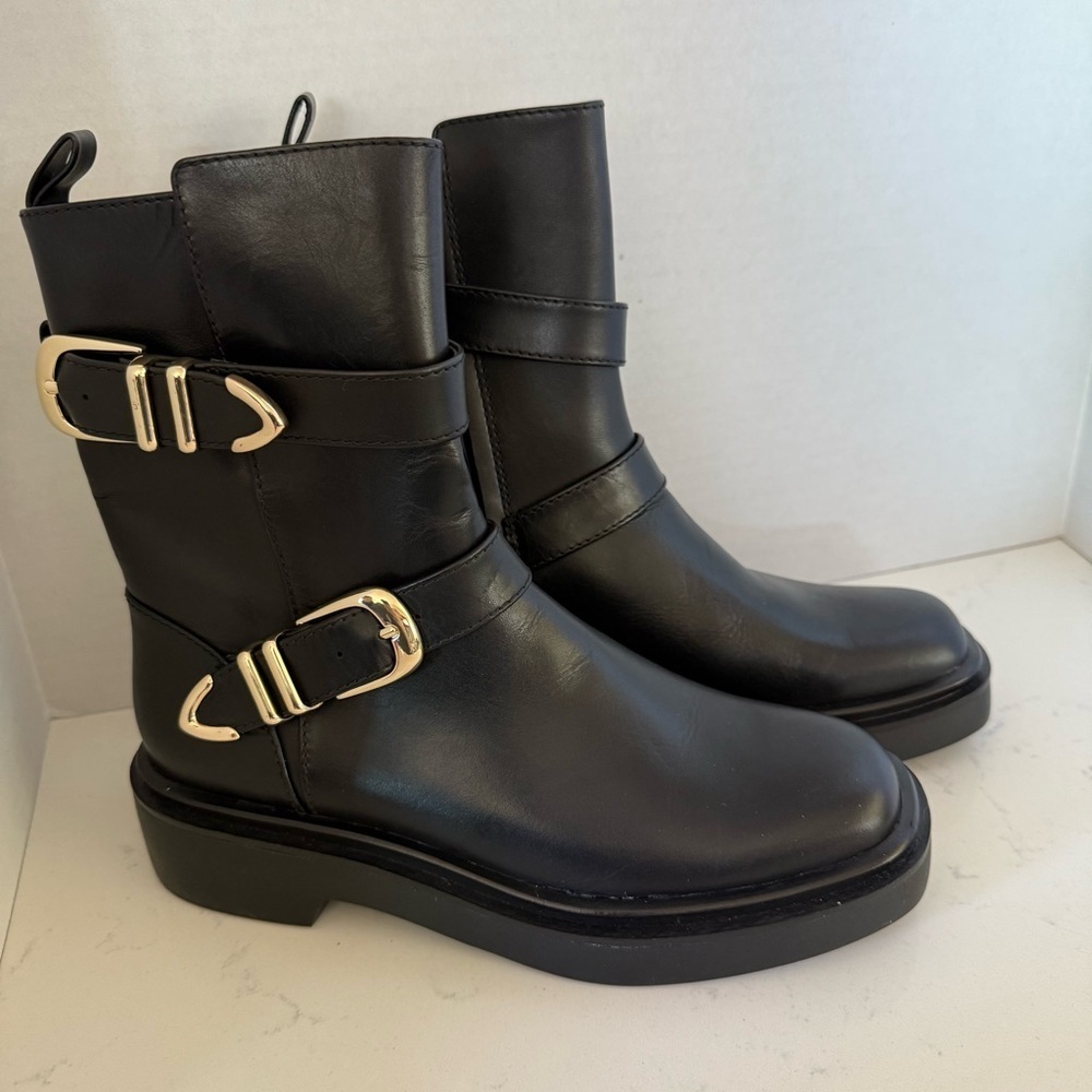 Favorite Daughter Caroline Boots Black Leather Gold Buckles Women’s Size 6 NWOB